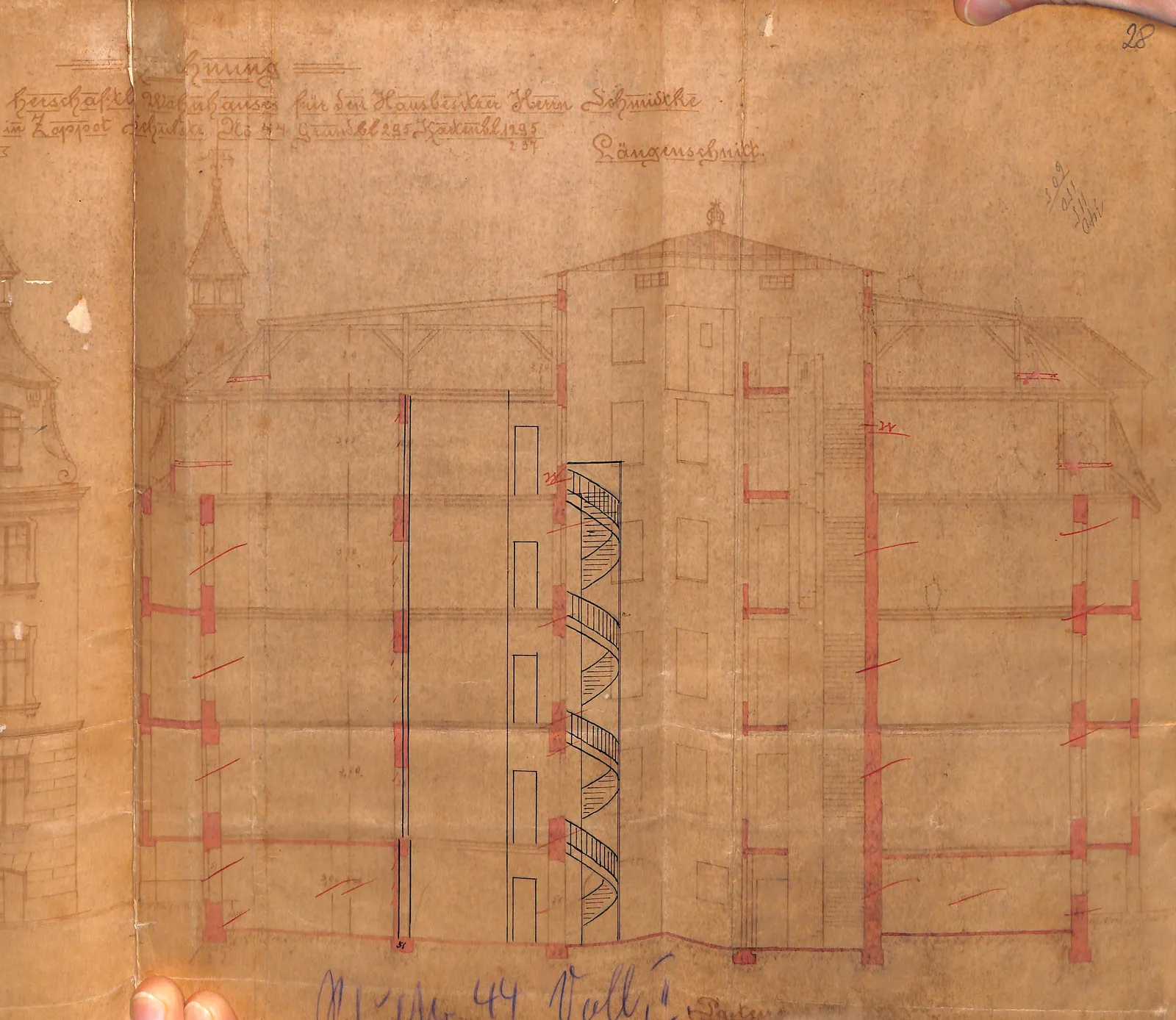 Skan: Widok i przekrój kamienicy frontowej (ok. 1909) — ujęcie 3 z 3