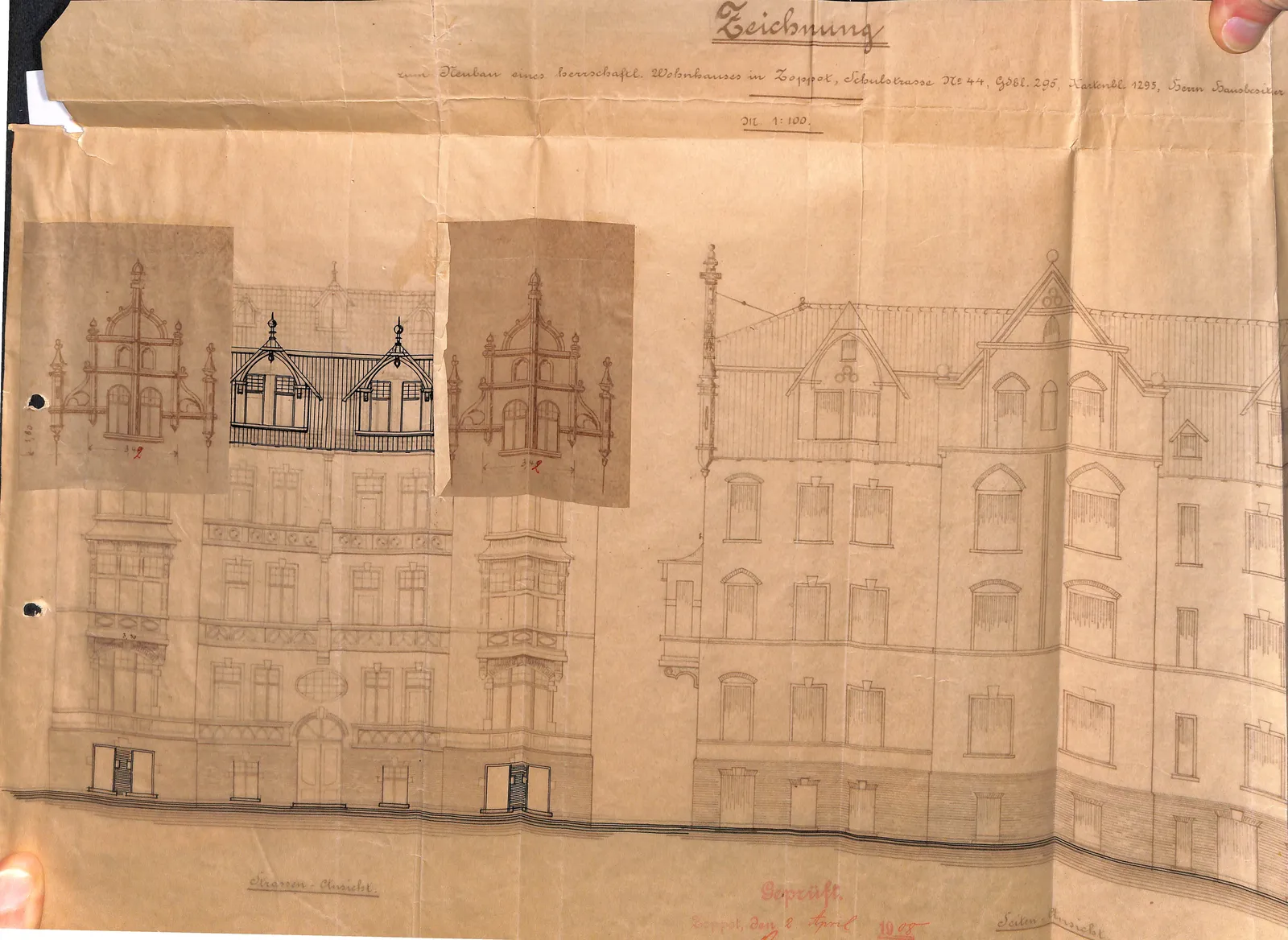 Projekt Hermanna Wolschona, pozwolenie z 2 IV 1908 — Blatt III, elewacje frontowa i boczna